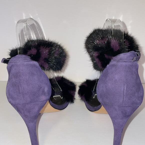 Stuart Weitzman Shoes Womens Size 8.5 Purple Fur Suede High Heel Sandals Strap - Picture 6 of 16
